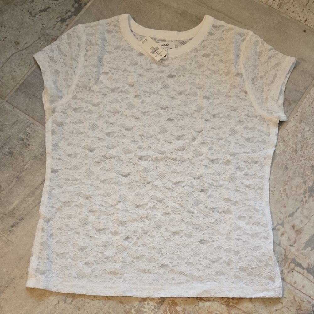 aerie White Floral Lace Short Sleeve Tee